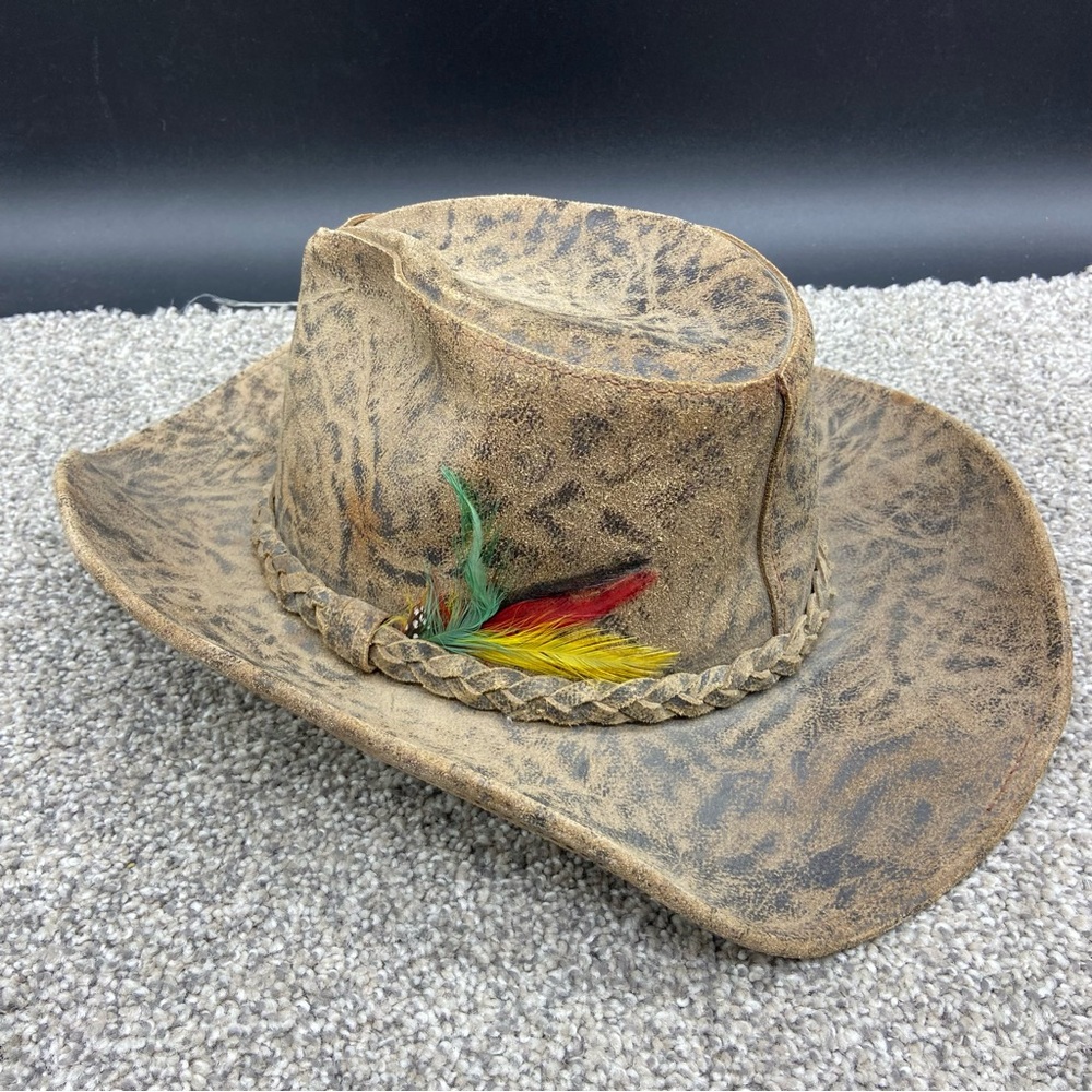 Vtg Henschel Leather Hat Women’s Small H1H Cowgirl Safari Feather Animal Print